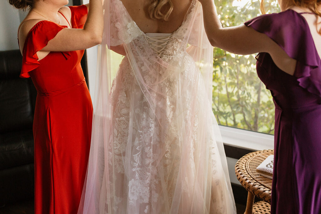 rainbow tulle train on bridal gown 